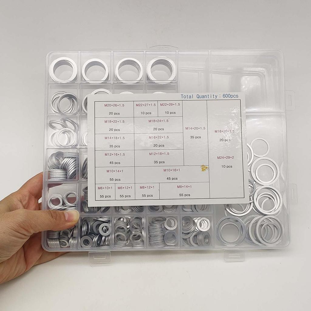 600-Piece Car Drain Plug Gasket Kit: 18 Sizes Aluminum Washers (6-24mm)