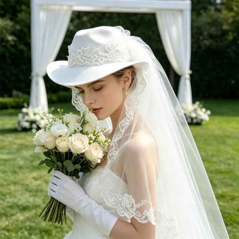 Elegant White Veil Cowboy Cap Wool Cosplay Hat for Western Theme Weddings and Outdoor Celebration Gathering Wear