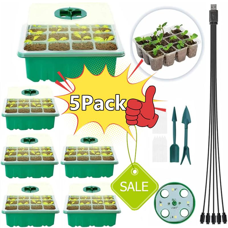 5 kusů LED světla s plným spektrem a táckem na sazenice, startovací tácky pro pěstování rostlin ve skleníku, 12 článků na tác