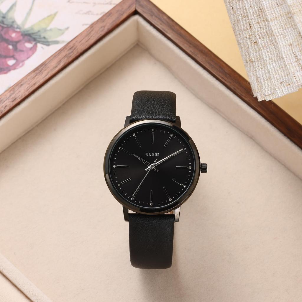 BUREI Women's Watch Analog Quartz Waterproof Fashion Leather Strap Casual Lightweight Stylish Gift (black)