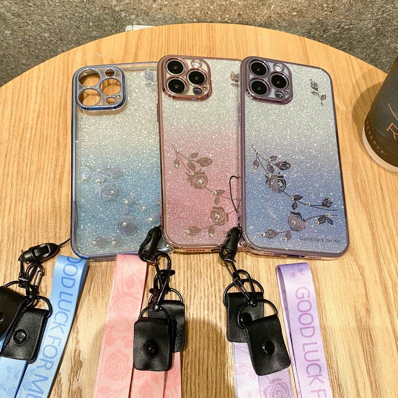 

Для iPhone 15 14 Pro Max 13 12 11 чехол-ремешок с цветком розы для Samsung S23 + S21 FE A54 A71 A32 противоударный блестящий чехол