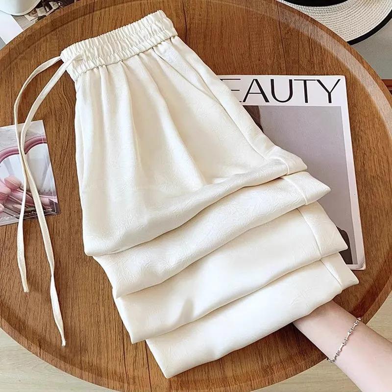 Women's Summer Black Textured Elastic Waist Drawstring Wide Leg Pants