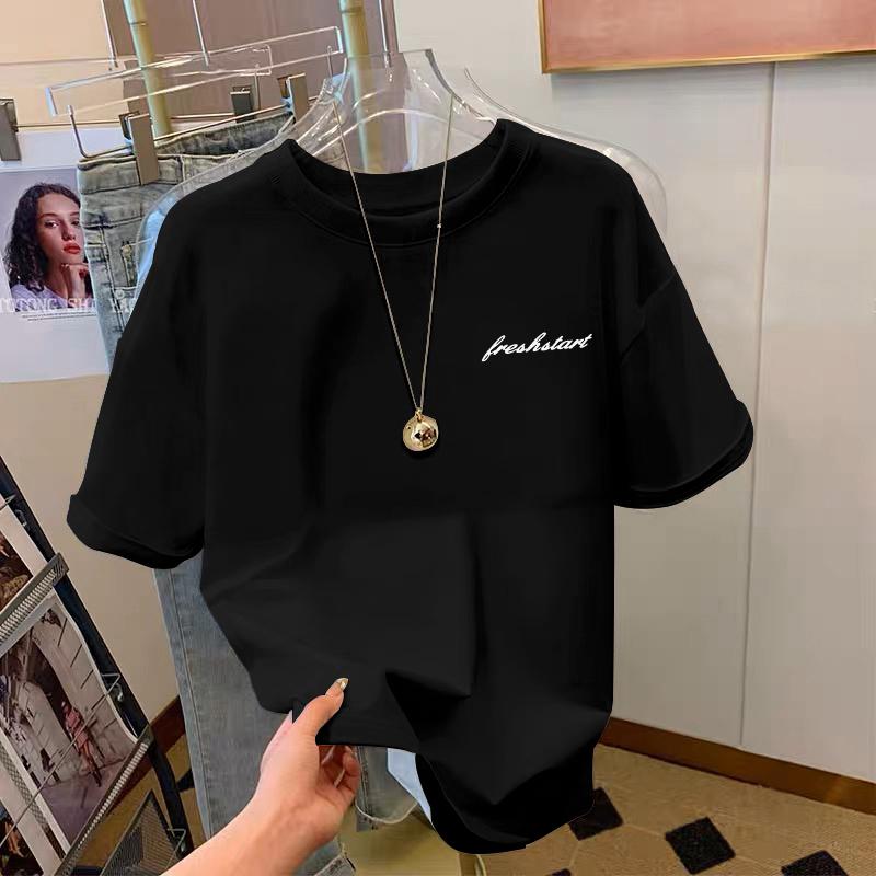 

apricot pure cotton inner with letters front shoulder short-sleeved T-shirt women s 2025 summer new European loose top bottoming shirt M XXXL