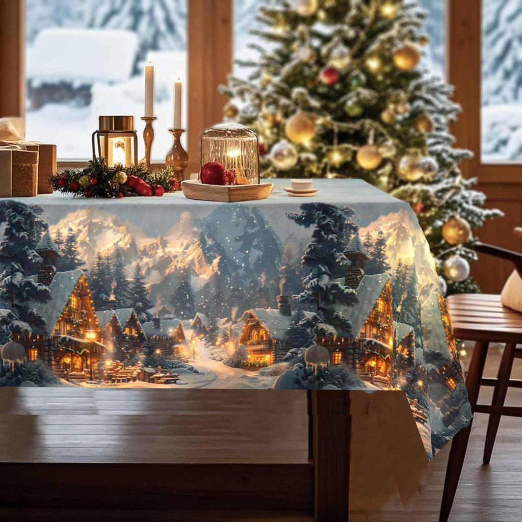 Christmas Tablecloth Digital Print - Winter Snowman Reindeer Xmas Tree Dining Table Festival Decor Table Cover