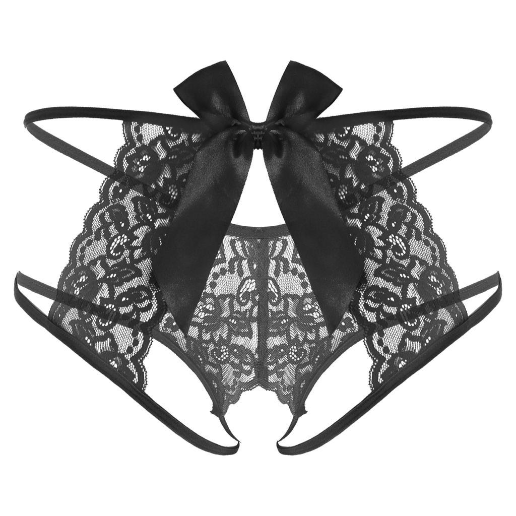Pánské průsvitné krajkové G-string spodní prádlo se strappy T-back střihem bez rozkroku a mašličkou, dárek na líbánky