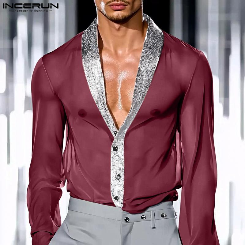 INCERUN მამაკაცის გრძელმკლავიანი ბრჭყვიალა პაჩვორკის გამჭვირვალე მაისურები, ბადის გამჭვირვალე ტოპები