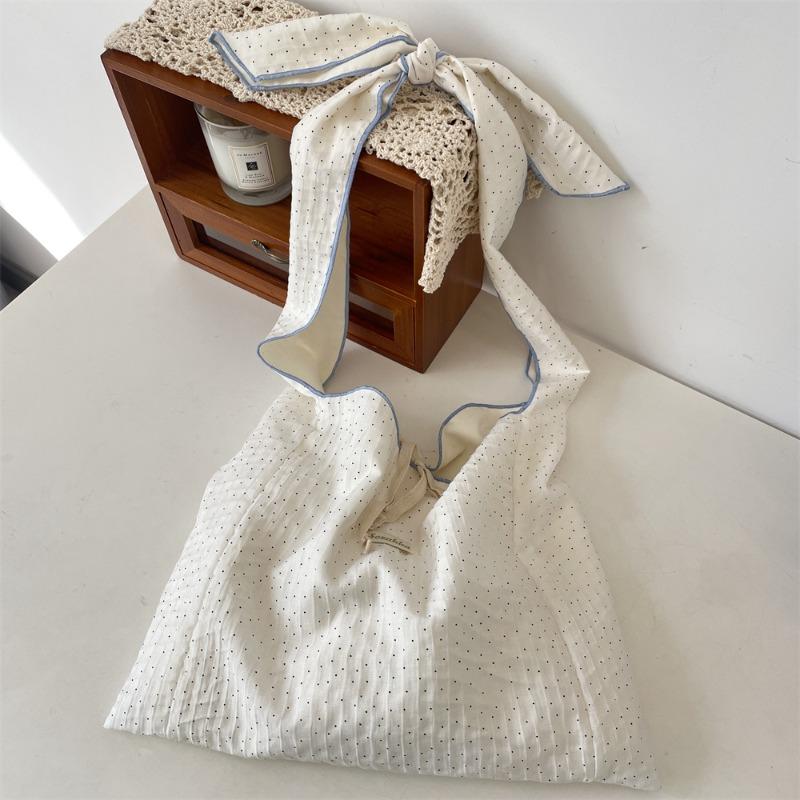 1 Texture Pleated Polka Dot Shoulder Messenger Bag Fresh Versatile Canvas Bag Women's Adjustable Lace-up Cloth Bag