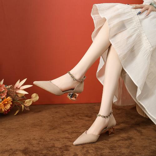 Breathable Suede High Heel Sandals Women 5cm Chunky Heel Hollow Metal Strap Shoes for Office Daily Wear