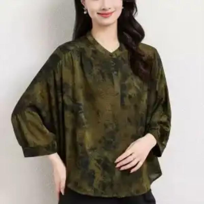 

Women s Gradient Print Satin Blouse Collared 3/4 Sleeve Retro Loose Office Top L зелений