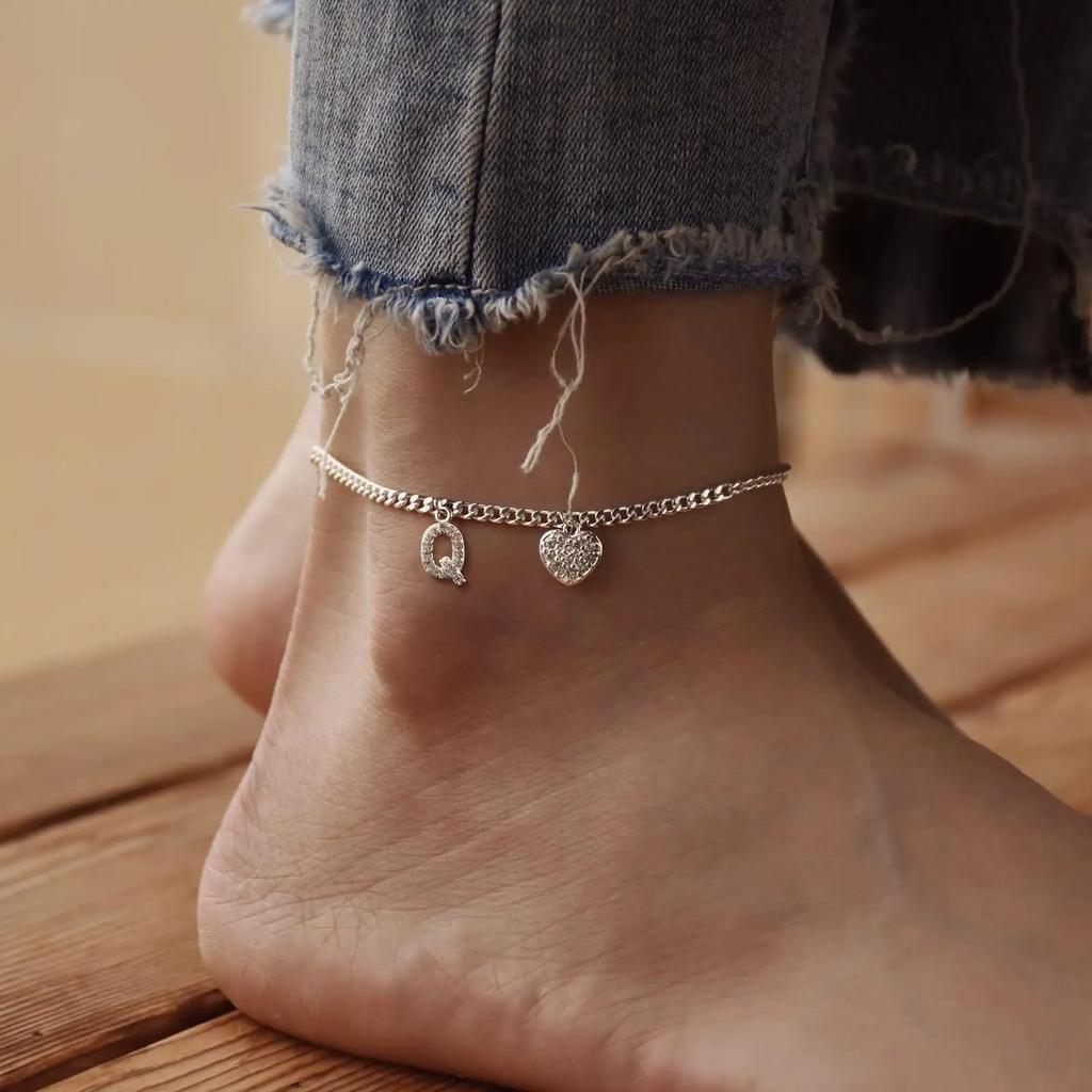 26 Initial Stainless Steel Anklet For Women Crystal Letter Heart Color Chain Ankle Bracelet Summer Jewelry Accessories