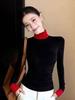 Korean Color Block Half-Neck Long-Sleeve Slim-Fit T-Shirt for Women - Autumn/Winter Style