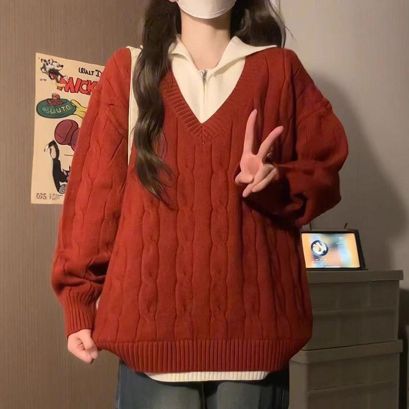 

[Three pieces of sheep wool] Lapel sweater girls new Korean version fake two pieces soft waxy loose twist students versatile one size fits all червоний