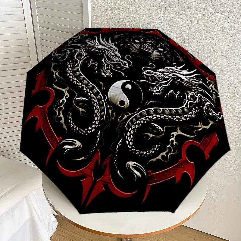 1PC Dragon Yin Yang Automatic Open/Close Umbrella with Windproof, 8-Rib Sturdy Canopy, Durable Ribs, Fashionable Design, Outdoor Accessory, Fun Prin,