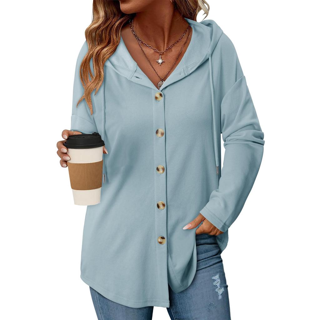 Women's Fashion Casual Raglan Long-Sleeve Drawstring Coat, Vintage Buttoned Hooded Coat