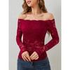 Women's Elegant Scalloped Neck Edge One Neck Strapless Lace Slim Slim T-Shirt Long Sleeve Top