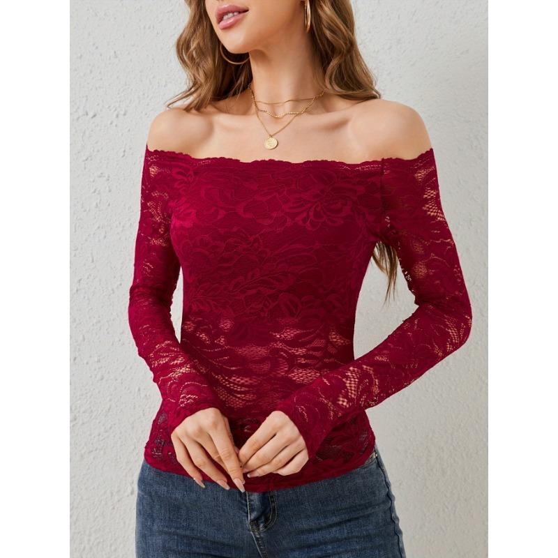 Women's Elegant Scalloped Neck Edge One Neck Strapless Lace Slim Slim T-Shirt Long Sleeve Top