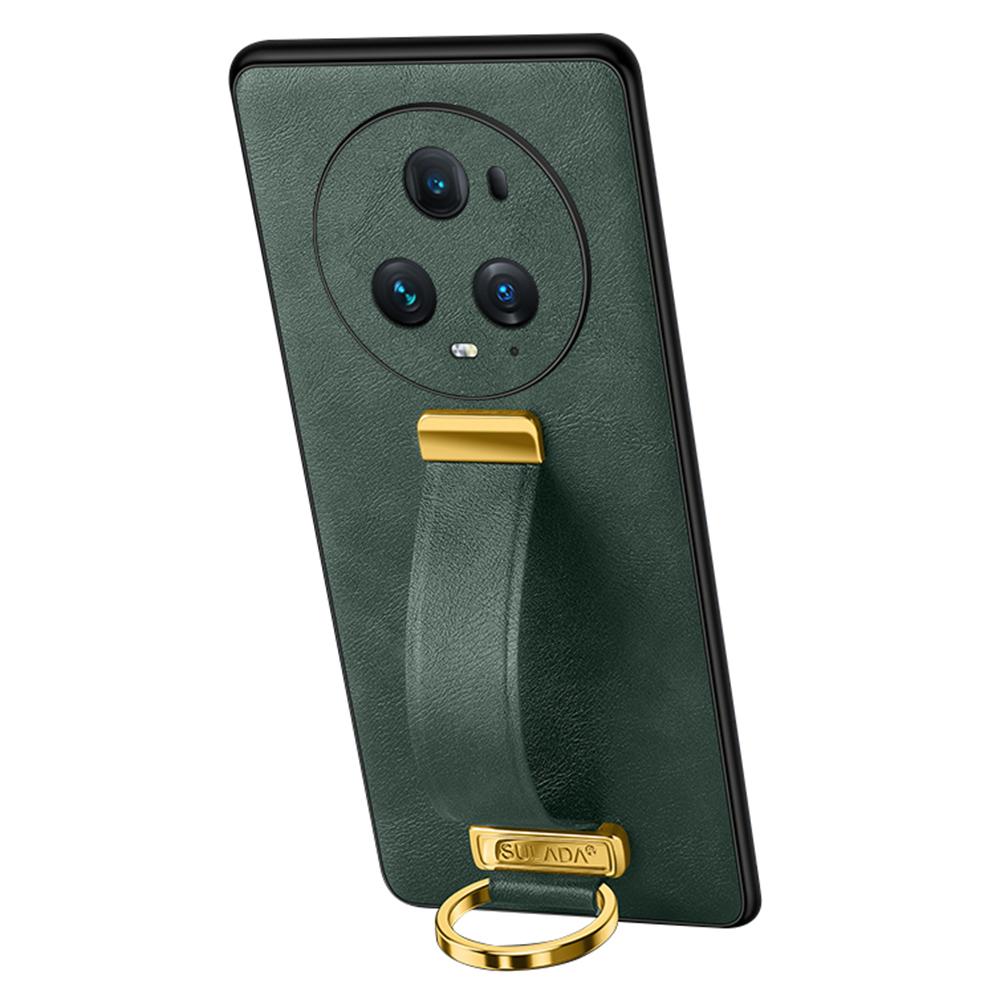 SULADA Fashion Series for Honor Magic5 Pro Crazy Horse Texture Leather Coated PC+TPU Cover Hand Strap Kickstand Phone Case