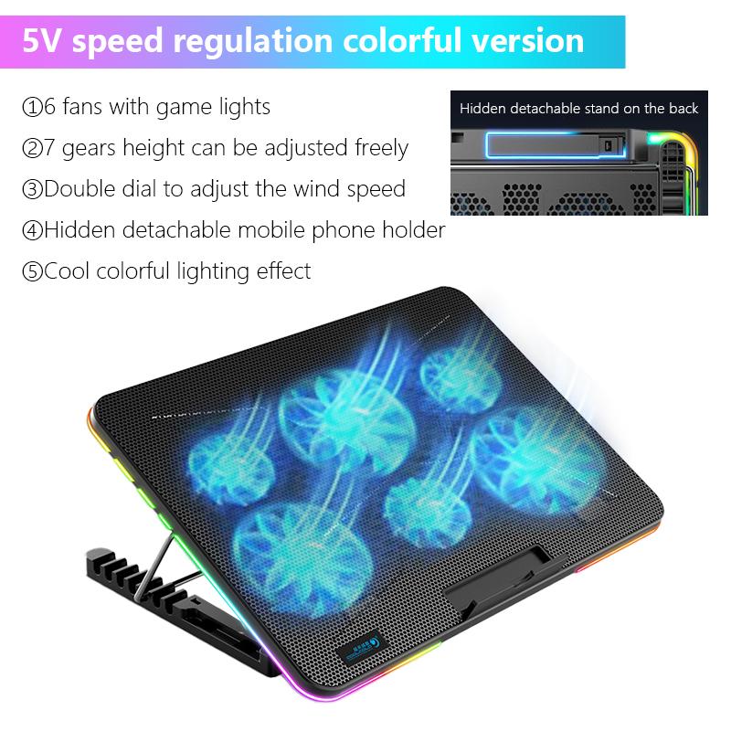 2 Usb Ports Laptop Cooling Pad Led Lights Gaming Laptop Cooler RGB Portable Fan Cooling Stand For 15.6-17.3 Inch