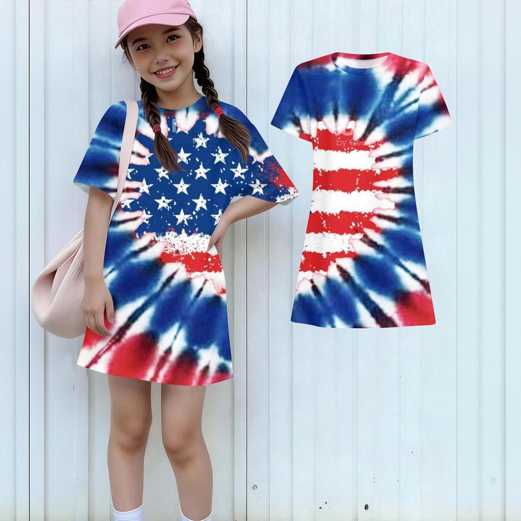 Girls Independence Day Print Casual Dress Kids Loose Round Neck Short Sleeve Thin Sundress