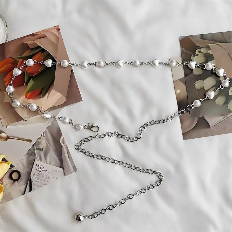 Sliver Love Heart Pearl Waist Chains Women Belt Shiny Rhinestone Waistband Clothes Decorate Girdles Straps Fashion Metal Belts