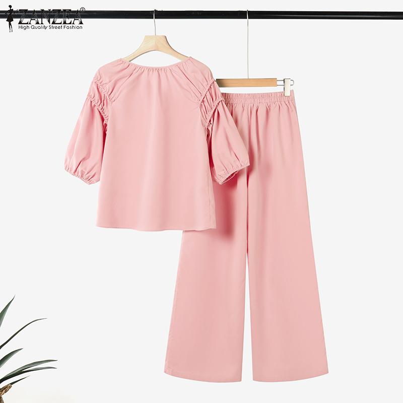 ZANZEA Damen Halbarm Bluse und Hose Sommer Zweiteiler Anzugsets