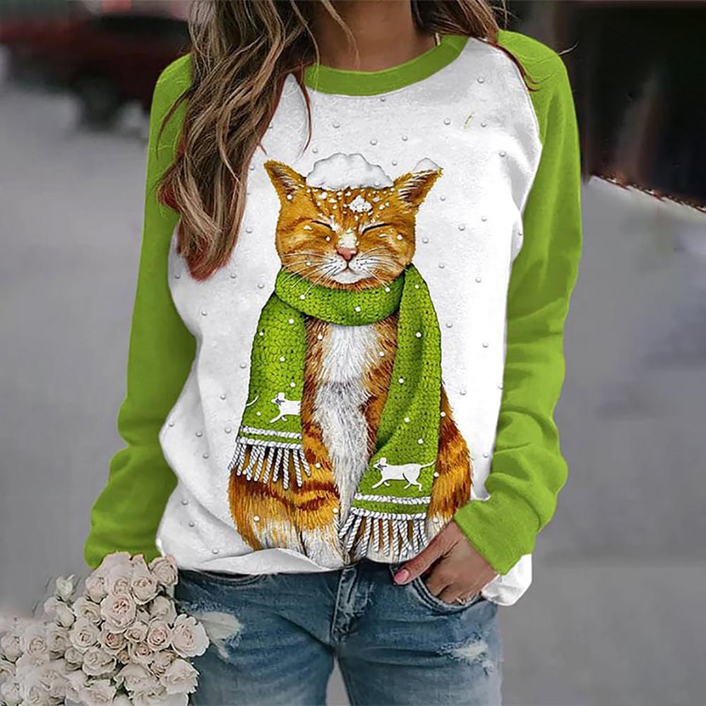 Cotton Long Sleeve T-Shirts For Women Funny Kawaii Cat Animals Print Sweatshirts Female Cute O-Neck Pullover Woman Sweatshirt