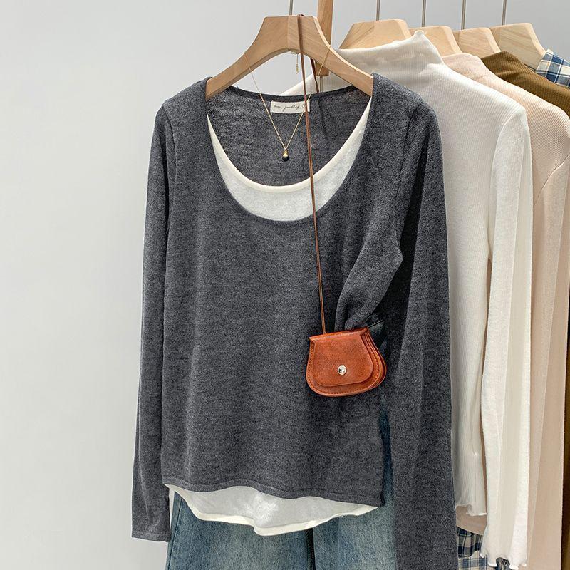 

Plus Size Women s Contrast Knit Base Layer Top, Spring & Autumn, Loose Fit, Fake Two-Piece, Relaxed Feel. Medium темно-сірий