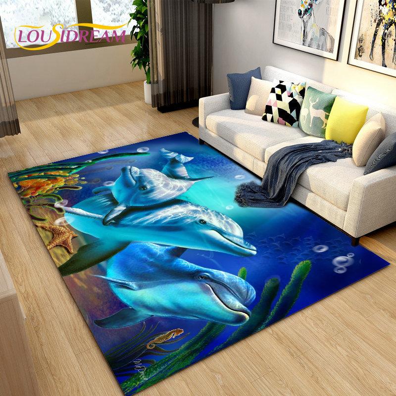 3D Seabed Illusion Underwater World Dolphin Shark Area Rug,Carpet Rug for Living Room Bedroom Sofa Doormat,Non-slip Floor Mat