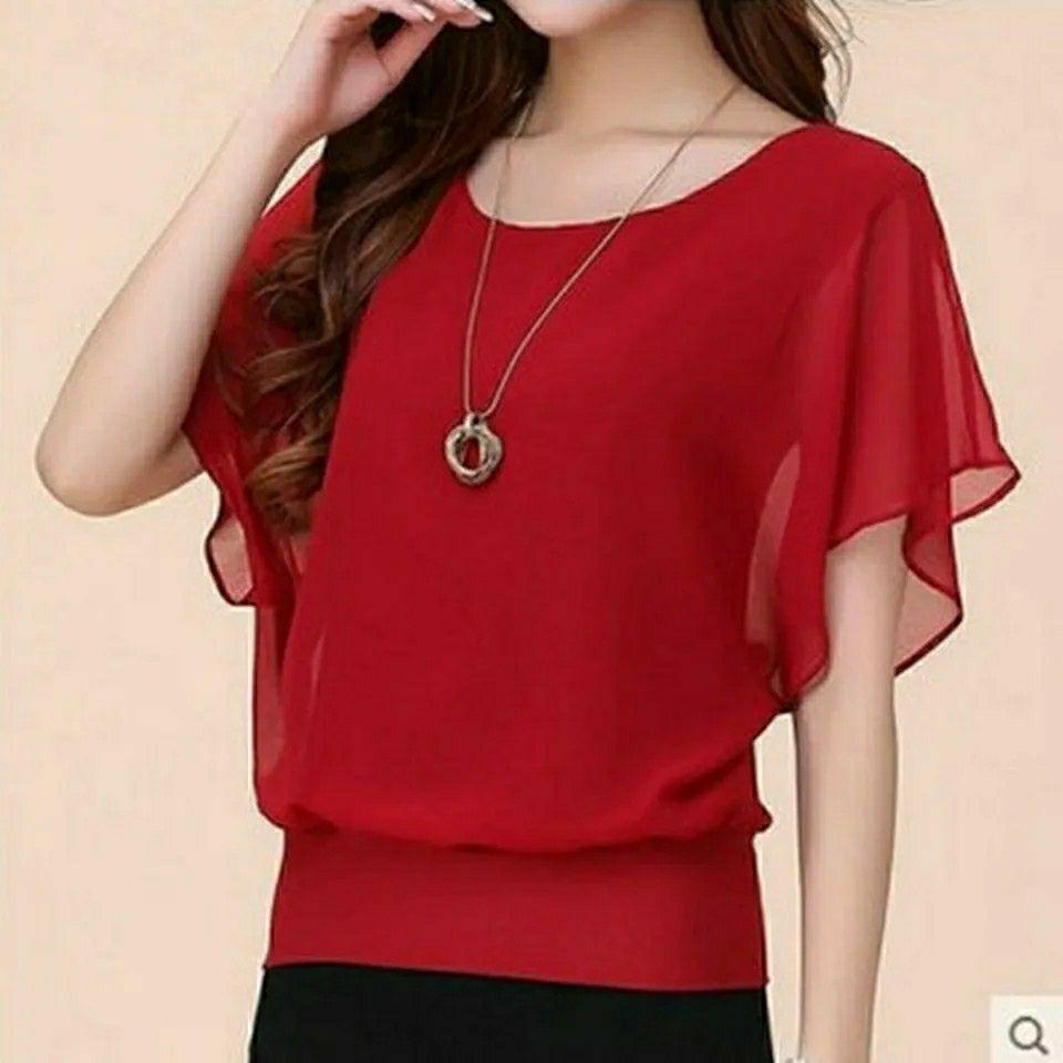 Women's Round Neck Gauze Loose Pullovers Casual Temperament Simplicity Solid Patchwork Short Sleeve T-Shirts