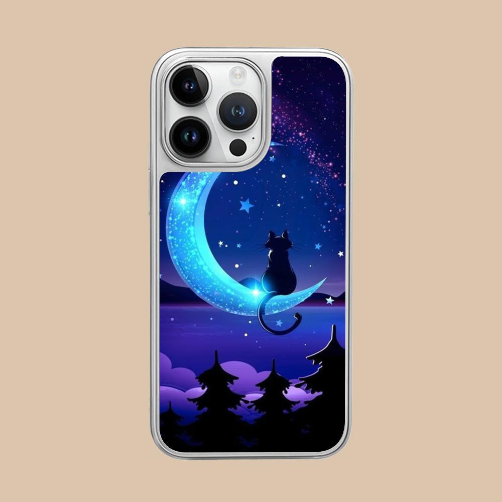 

Luna Moon Cat Mobile Phone Case for iPhone 17 16 15 14 13 12 11 Air Pro Max Plus Silver Plating Colorful Cover Pretty Smartphone iPhone 11