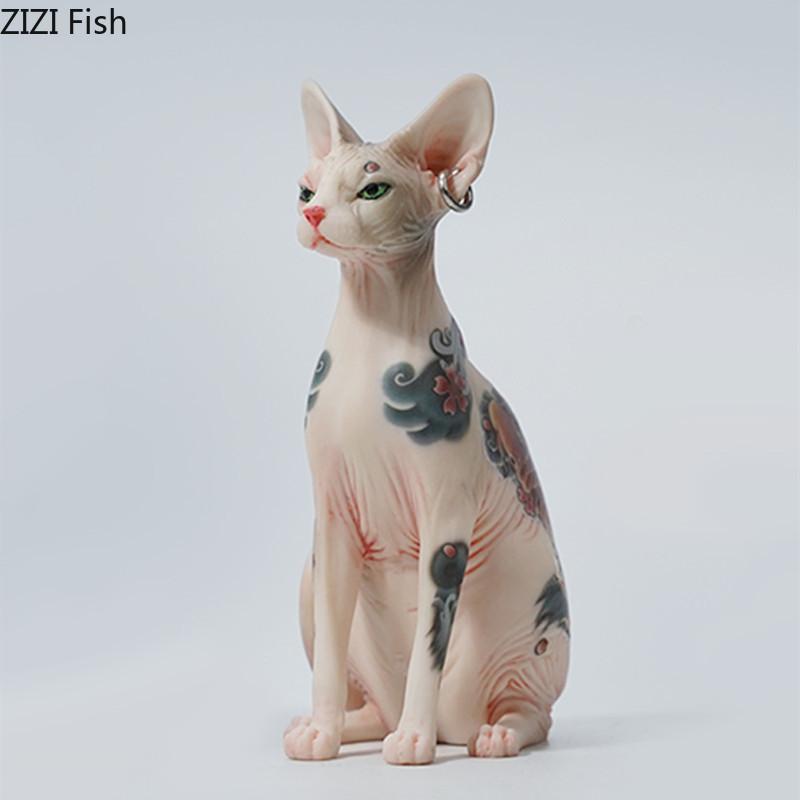 Mini Hairless Cat Model Creative Tattoo Cat Resin Simulation Animal Statue Decoration Modern Car Home Decoration Accessories
