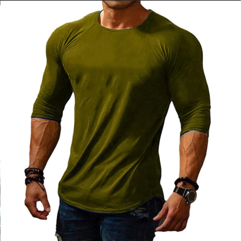 2025 Men's Long Sleeve Slim Fit Sports T-shirt - Round Neck, Plain Color, Popular Youth Design.