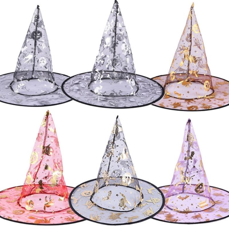 

Women Costume Witch Cap Mesh Wizard Hat Halloween Party Headwear Cloche-Hat Holiday Headdress Adults Cosplay Party Hat