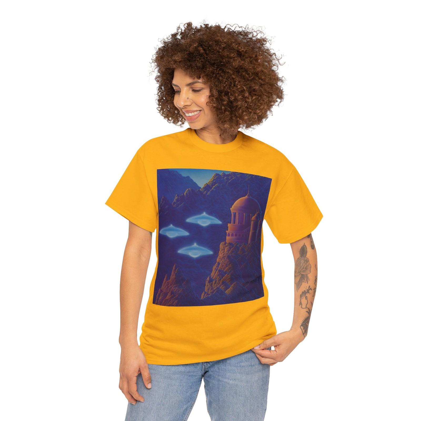 Celestial Visitation (1978) T-Shirt Mens Womens Tees Top UFO UFOs monastery temple Aliens Magic Art S