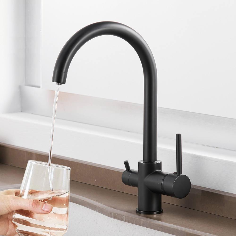 Chrome Dual Handle Filtered Crane For Kitchen, 360 Rotation Water Filter Tap Three Ways Sink Mixer Kitchen Faucet