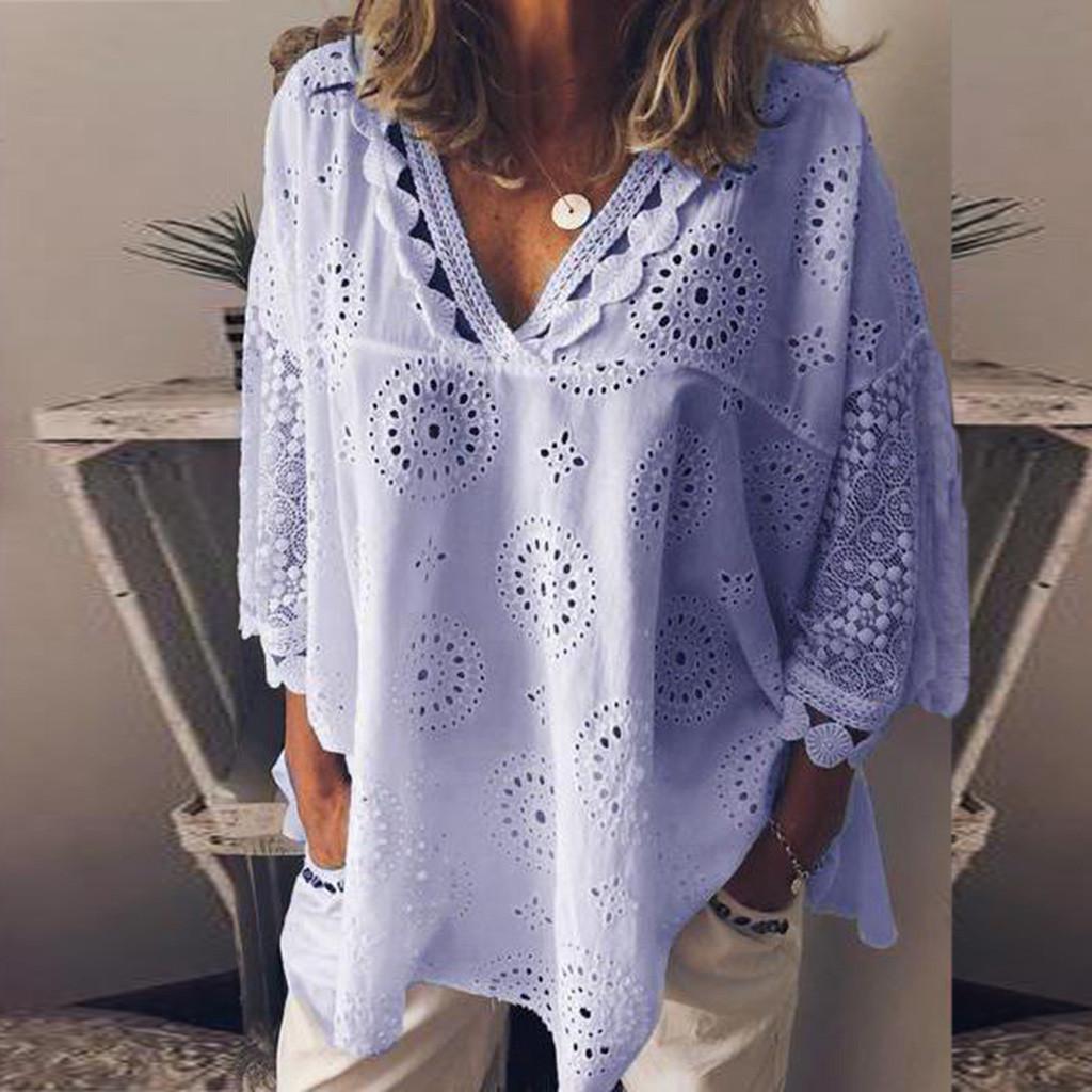 Women Half Sleeve Cotton Linen Hollow Out  Lace Patchwork T-Shirt Blouse Tops