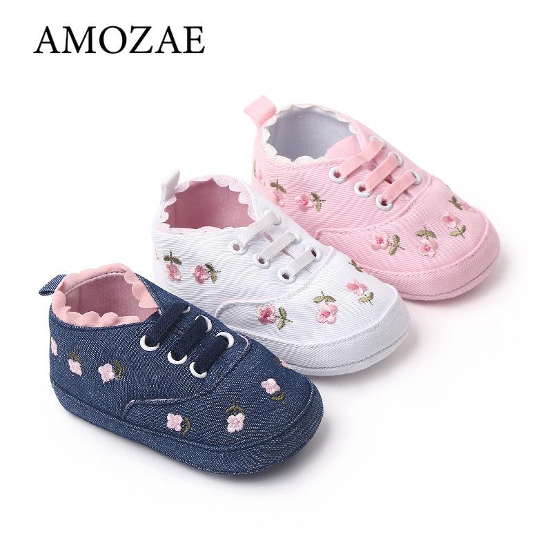 Baby Lauflernschuhe Weiß Rosa Floral Bestickt Weiche Sohle Rutschfest Prewalker Kleinkind Leinwand Sneaker