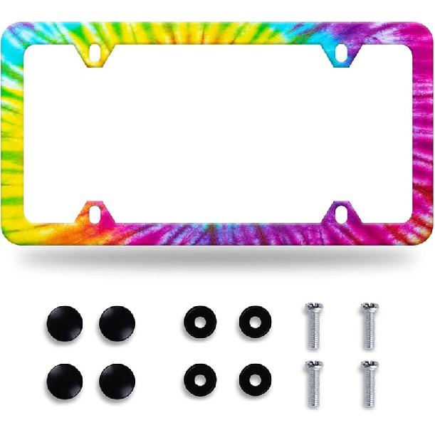 Stitching Tile Boho Pattern License Plate Frame Stainless Steel Parts Colorful License Plate Decorative With Screws Size 12.3" X 6.3" Women