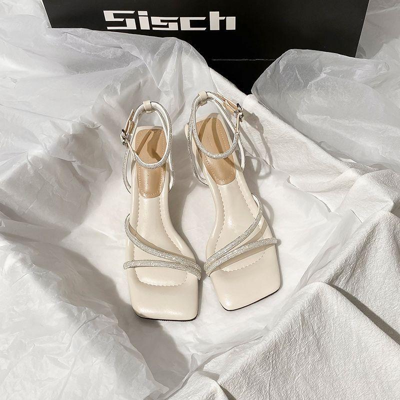 One-word high-heeled sandals with rhinestones for women to wear outside in the summer of 2025, and square-headed high-heeled shoes for women are 