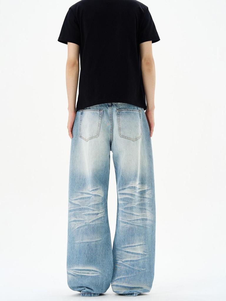 Unisex American High Street Cat Whiskers Blue Denim Jeans - New Design, Trendy Loose Straight Leg Pants