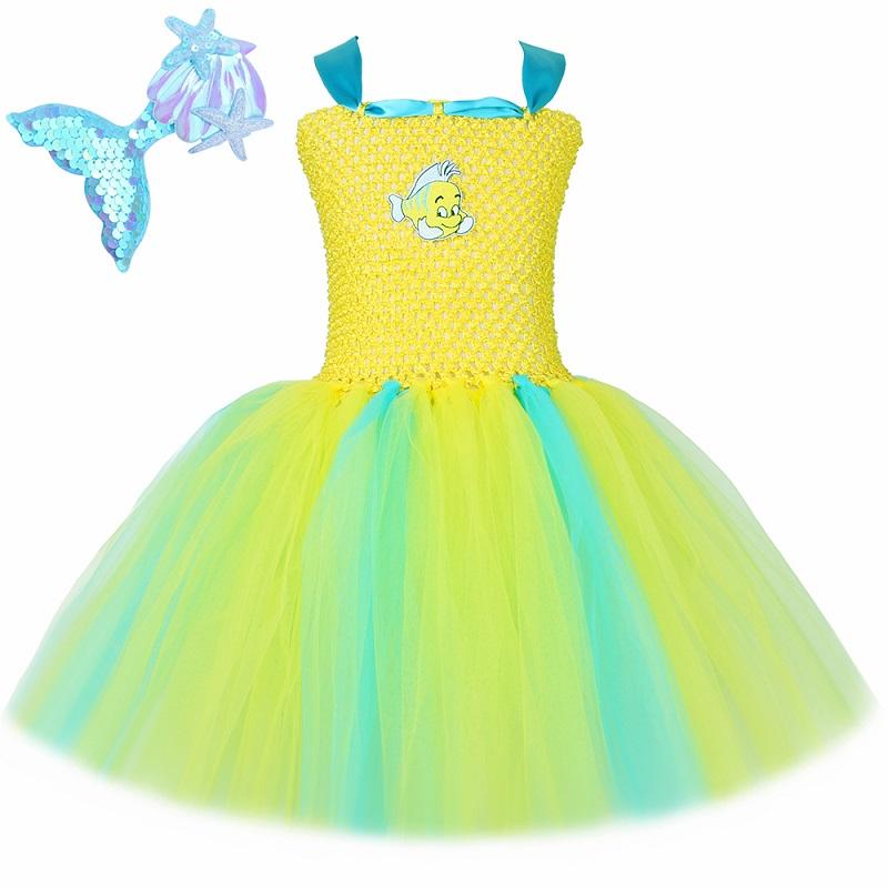 Flounder Costume Toddler Kids Little Mermaid Halloween Carnival Birthday Party Dress Up Girls Yellow Tropical Fish Tutu Dress