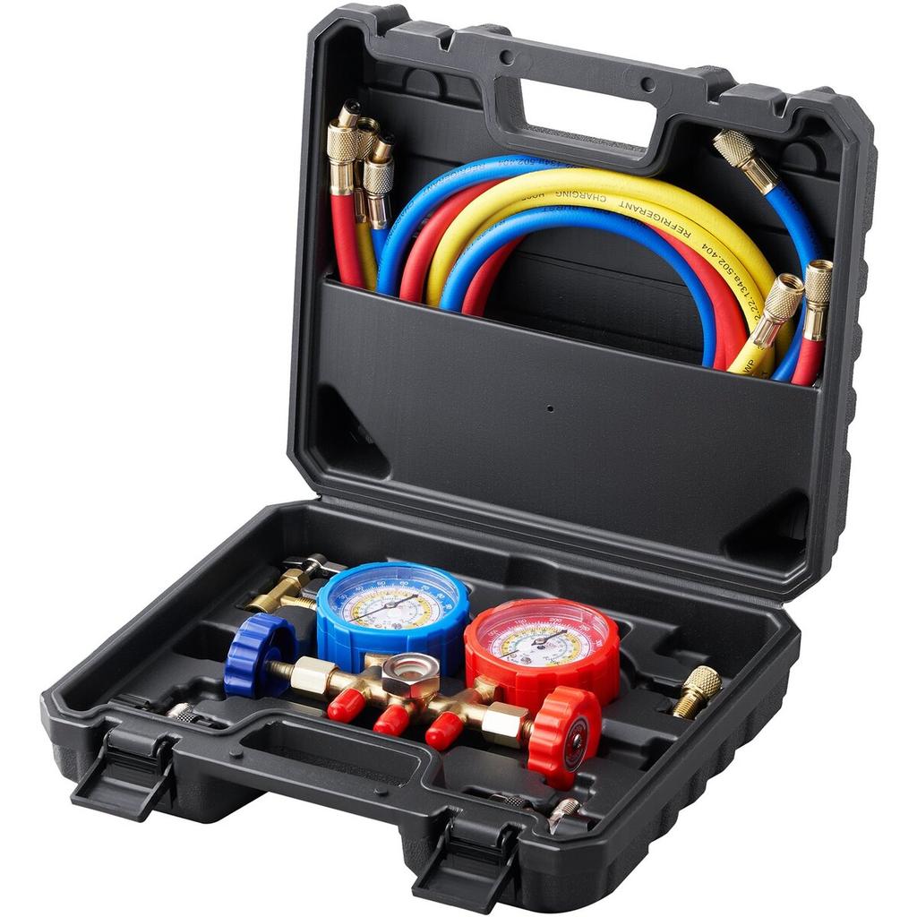 3-Way AC Diagnostic Manifold Gauge Set Fits for R134A, R22, R12, R502 Refrigerant, AC Gauge Set with 5 ft Hoses, Couplers, Can Tap for Car A/C System