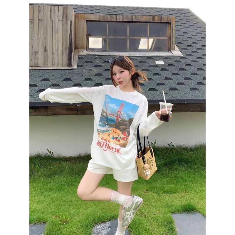 Kumikumi Casual Suit Printed Loose Long Sleeves T-shirt Women Fall White High-Waist Wide Leg Shorts Two-piece Set
