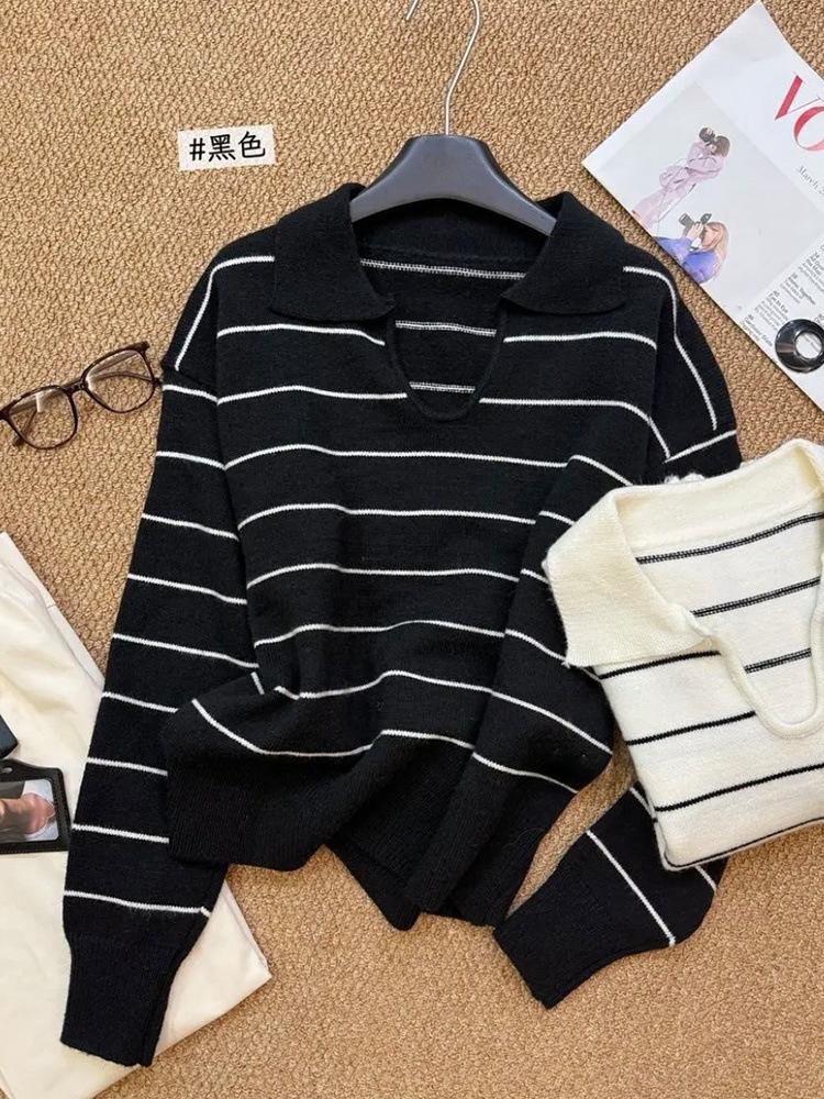 {Арктический бархат} Корейский контрастный полосатый свитер вязаный свитер женский свободный осень и зима лацканы теплый свитер A