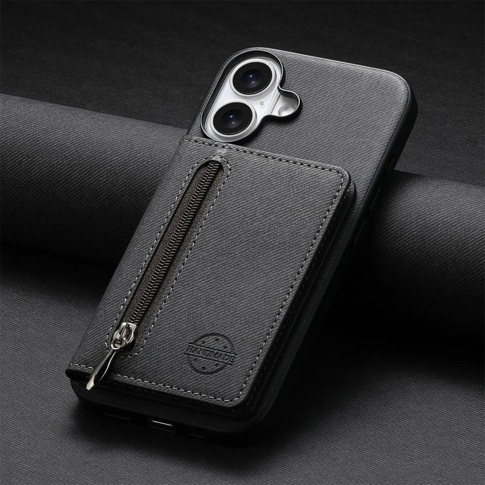 Zipper Wallet Card Holder RFID-blocking Magnetic Phone Case for iPhone 16 E 16 Pro Max 15 14 Plus 13 12 11 Bracket Stand Cover