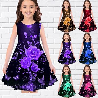 Girls 3D Print Dresses Kids Girl Party Sleeveless Princess Dress Tank 3D Print 3 Colored Roses Dress