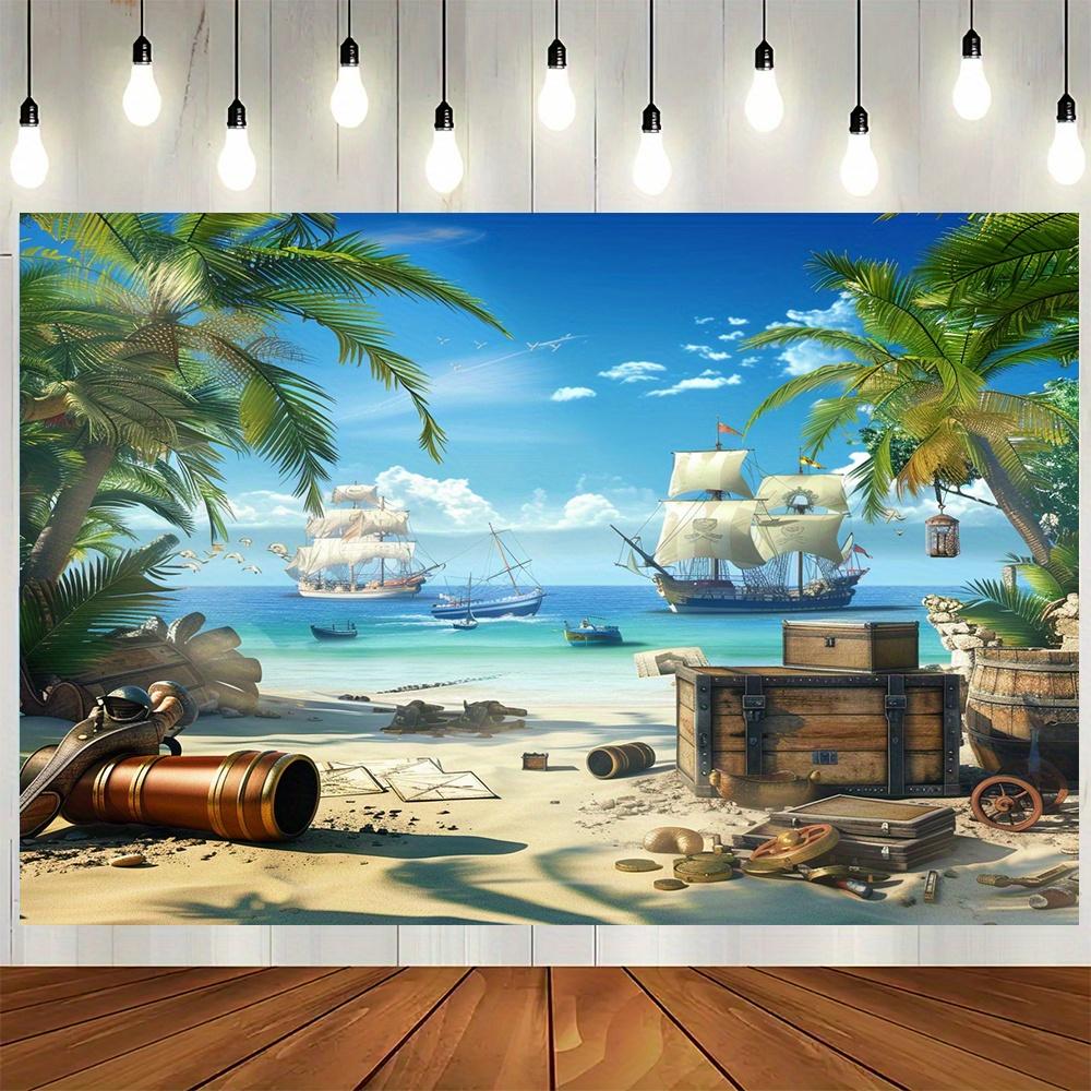 Pirate Party Backdrop - Ship and Sea Treasure Pattern for Birthday Party and Shower Decorations - S