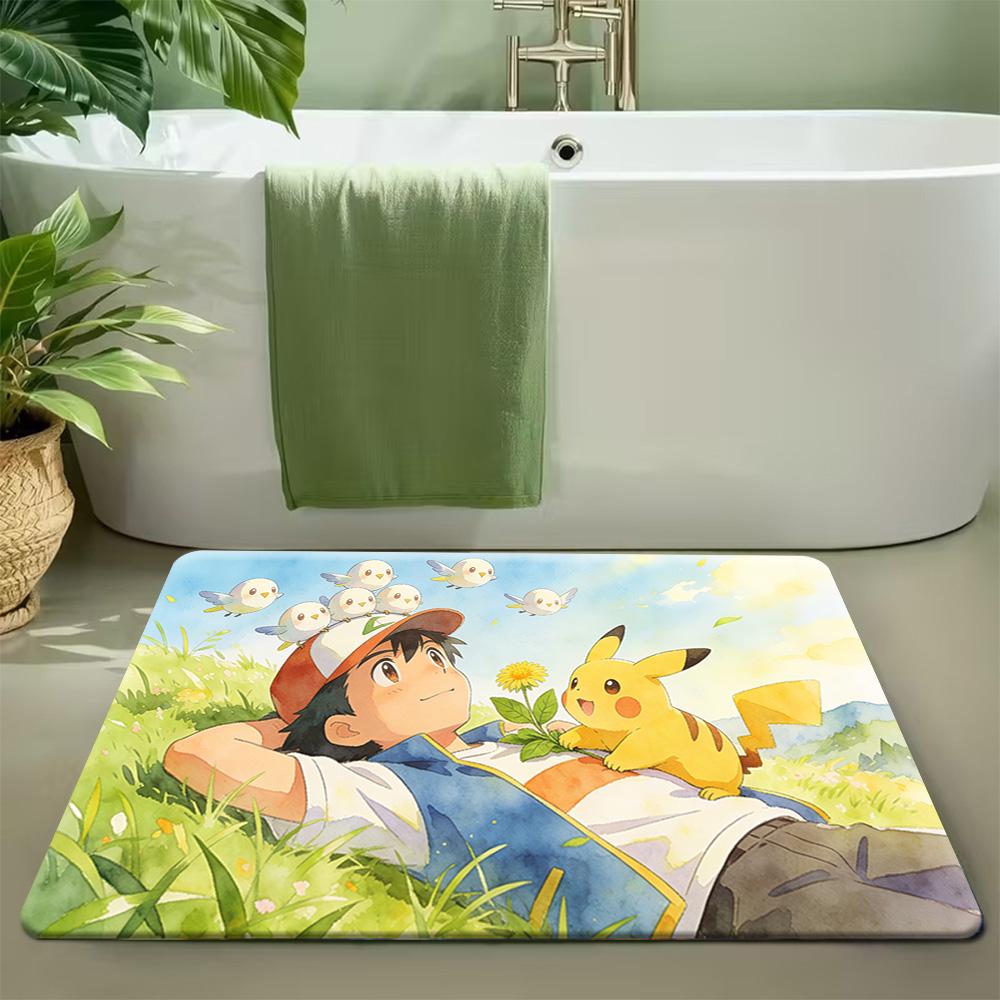 Cute Anime Pokemon Starters Forest Creek Scene Soft Non-Slip Absorbent Home Bathroom Entryway Decor Doormat Rug