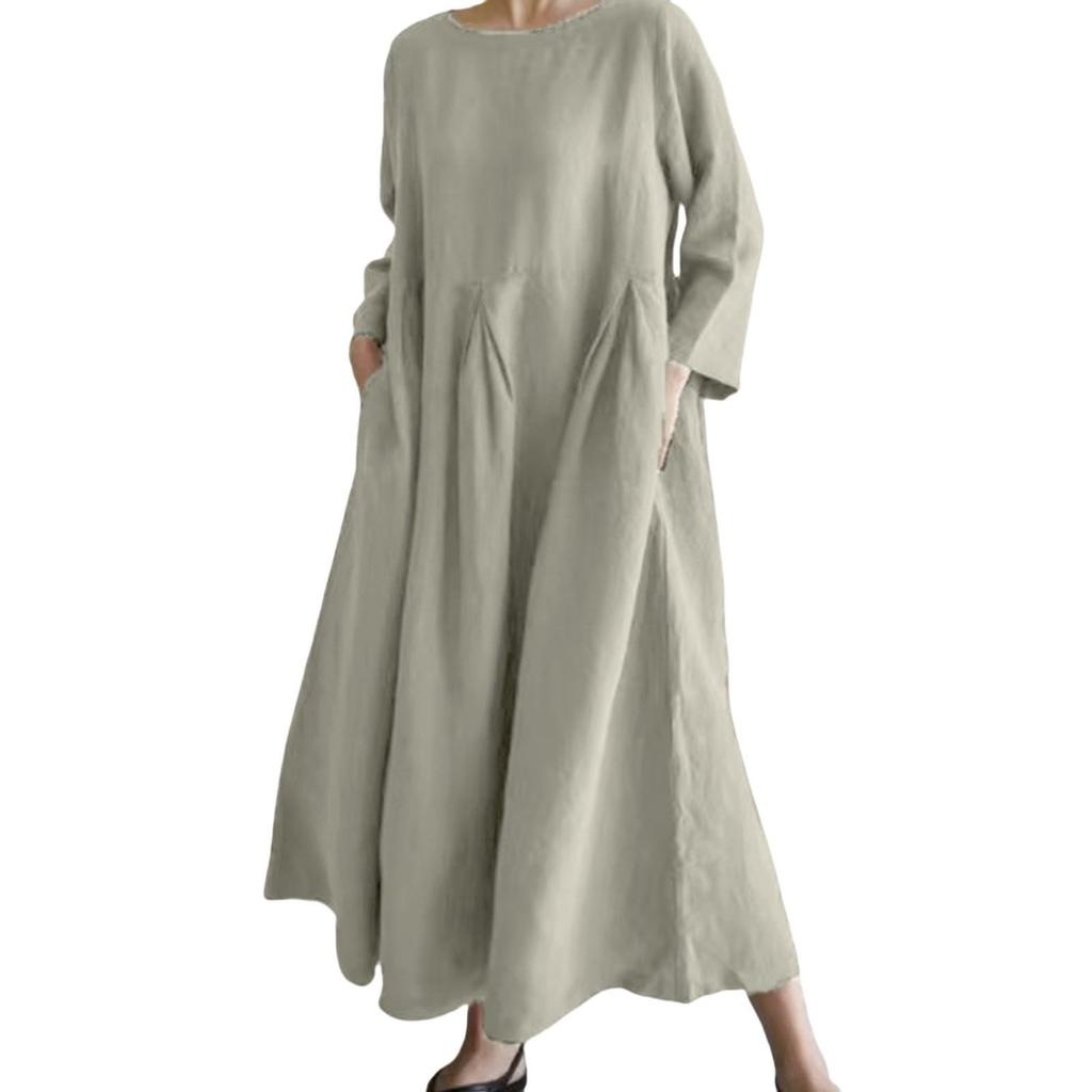 A Fashionable -color Round-neck, Long-sleeved, Loose And Large-swing Pocket Dress For Ladies