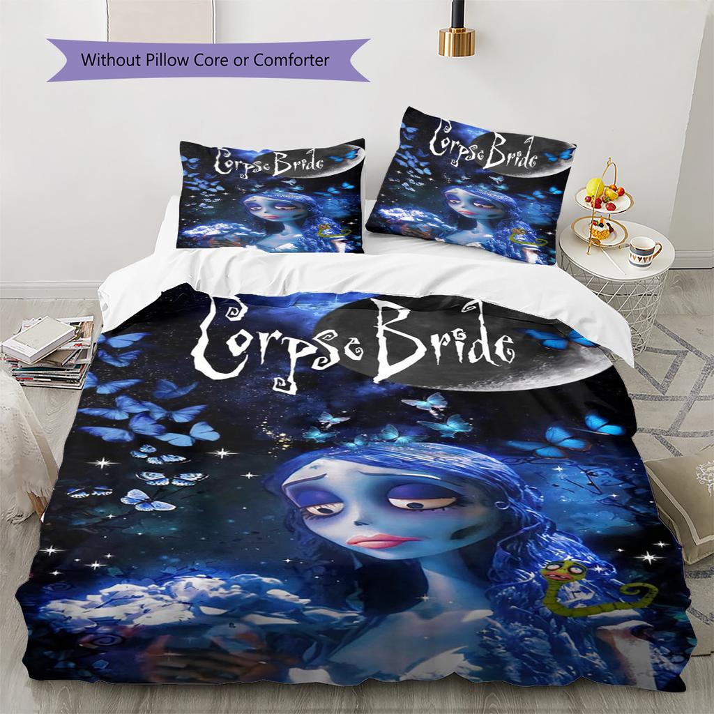 Corpse Bride Pattern Bedding Set Quilt Cover Pillowcase Home Decor Gift (1 * Duvet Cover + 2 * Pillowcase, Without Core)